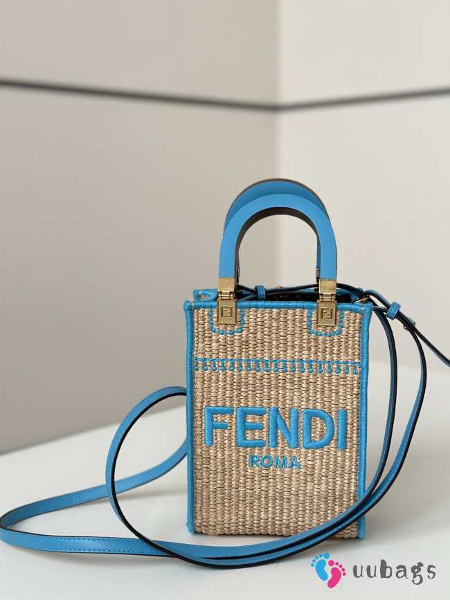 Uubags | Fendi mini Sunshine shopper beige/blue cotton fiber bag 13.5x5.5x18cm - 1