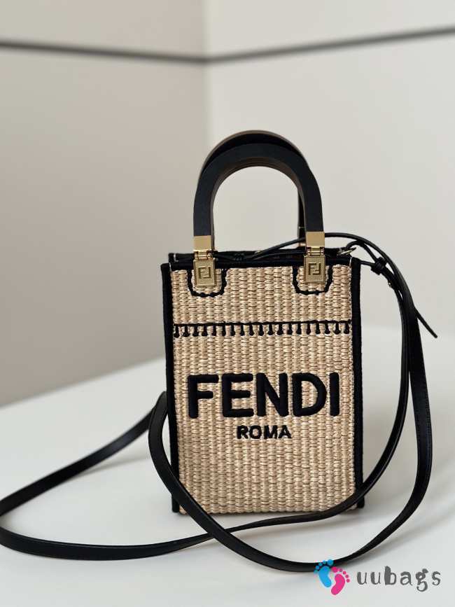 Uubags | Fendi mini Sunshine shopper beige/black cotton fiber bag 13.5x5.5x18cm - 1