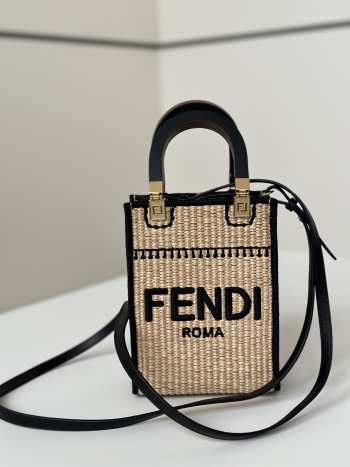 Uubags | Fendi mini Sunshine shopper beige/black cotton fiber bag 13.5x5.5x18cm