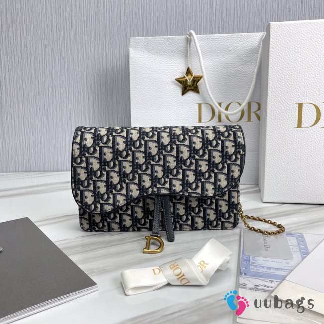 Uubags | Dior Saddle Oblique Jacquard Wallet on Chain in Blue/Beige 18x11x3.5cm - 1