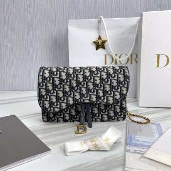 Uubags | Dior Saddle Oblique Jacquard Wallet on Chain in Blue/Beige 18x11x3.5cm