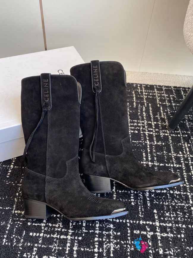 Uubags | Celine Chelsea pointed toe buckle boots in black velvet leather - 1