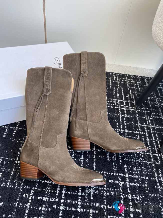 Uubags | Celine Chelsea pointed toe buckle boots in grey velvet leather - 1