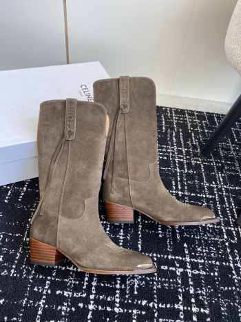 Uubags | Celine Chelsea pointed toe buckle boots in grey velvet leather