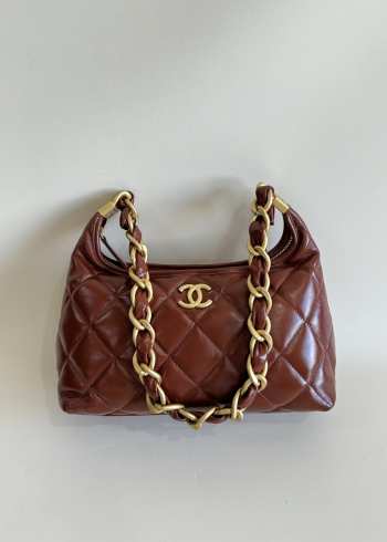 Uubags | Chanel Hobo Bag Shiny Lambskin & Gold Plated Metal Brown 24x26x9.5cm