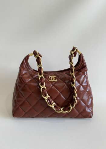 Uubags | Chanel Hobo Bag Shiny Lambskin & Gold Plated Metal Brown 29x32x10cm