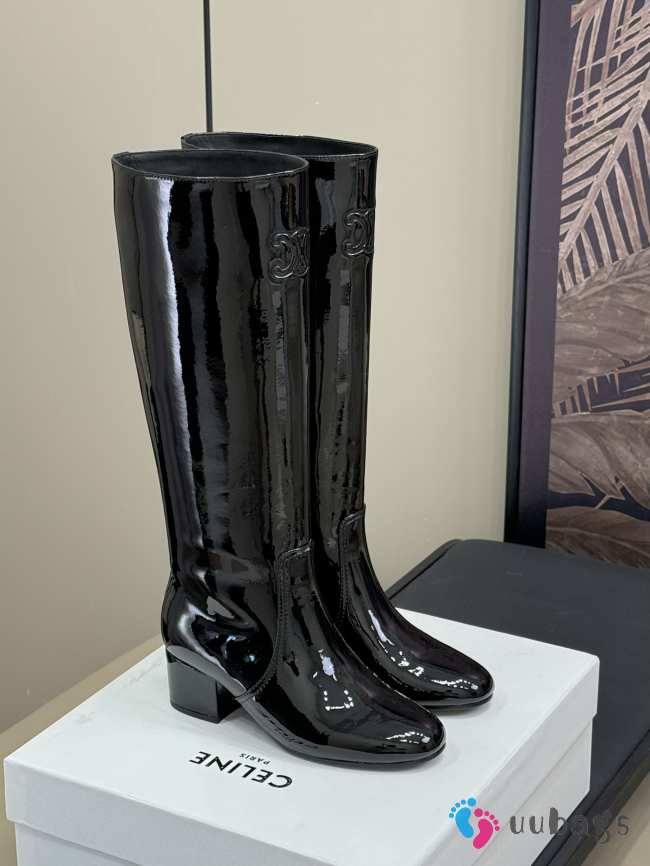 Uubags | Les Bottes Celine Triomphe High Boot in Black Patent Calfskin - 1