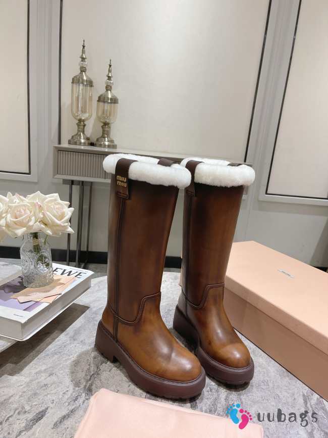 Uubags | Miu Miu Fumé leather boots in brown 5.5cm - 1