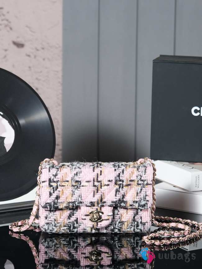 Uubags | Chanel Classic Bag 11.12 Wool Tweed & Gold Plated Metal Light pink, black, beige & cream 10x20x7cm - 1