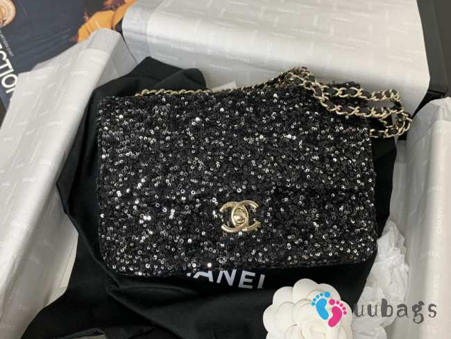 Uubags | Chanel Evening Party Bag Sequin & Gold Plated Metal In Black & Silver 20x15x7cm - 1