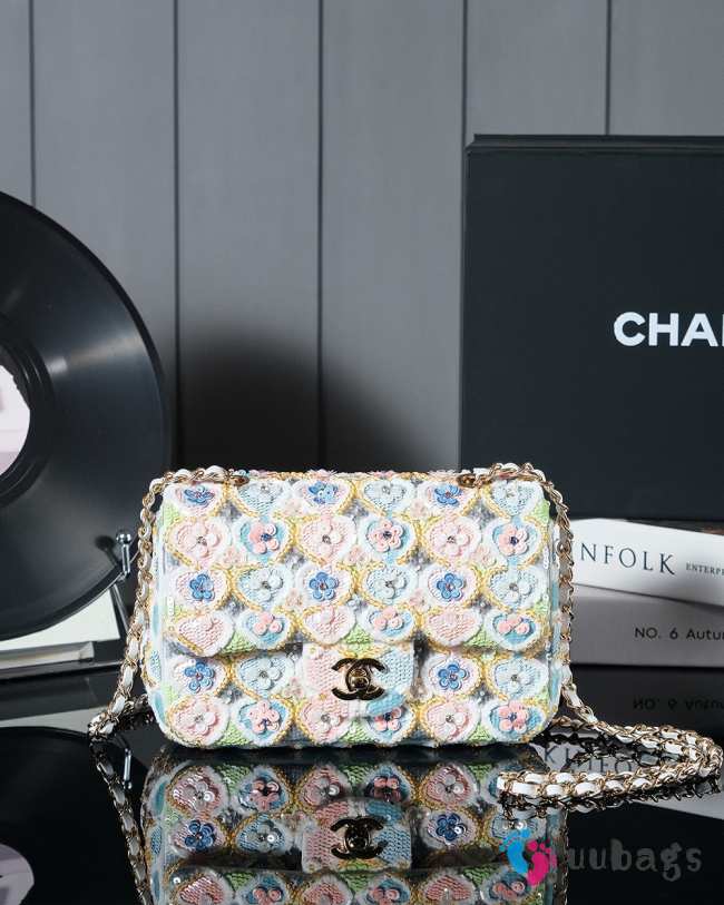 Uubags | Chanel Mini Classic Bag Satin Embroidery, Sequins, Glass Pearls & Ruthenium coated metal In White, Blue & Pink 12x20x6cm - 1