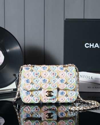 Uubags | Chanel Mini Classic Bag Satin Embroidery, Sequins, Glass Pearls & Ruthenium coated metal In White, Blue & Pink 12x20x6cm