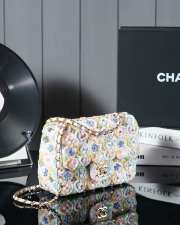 Uubags | Chanel Mini Classic Bag Satin Embroidery, Sequins, Glass Pearls & Ruthenium coated metal In White, Blue & Pink 12x20x6cm - 5