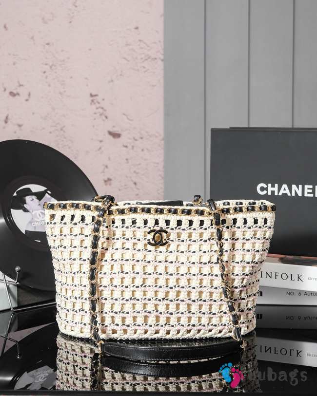 Uubags | Chanel small shopping bag cotton crochet & gold-tone metal In beige, white, black and pink - 1