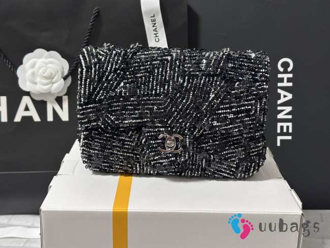 Uubags | Chanel 24K sequin mini flap bag black with silver hardware 20cm - 1