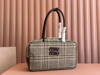 Uubags | Miu Miu Beau tartan top-handle bag with leather in beige 34x23x12cm