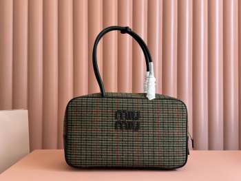 Uubags | Miu Miu Beau tartan top-handle bag with leather in green/red 34x23x12cm