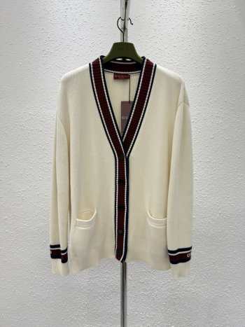 Uubags | Gucci white wool knit cardigan with intarsia 