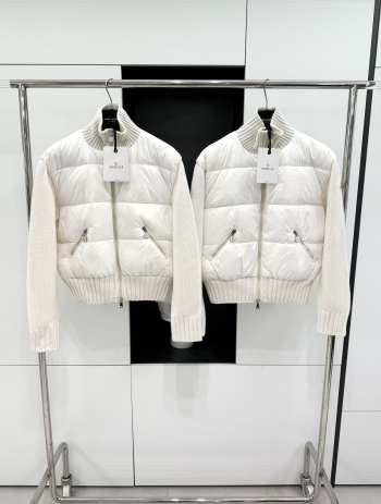 Uubags | Moncler wool turtleneck knit patchwork zipper short down jacket white