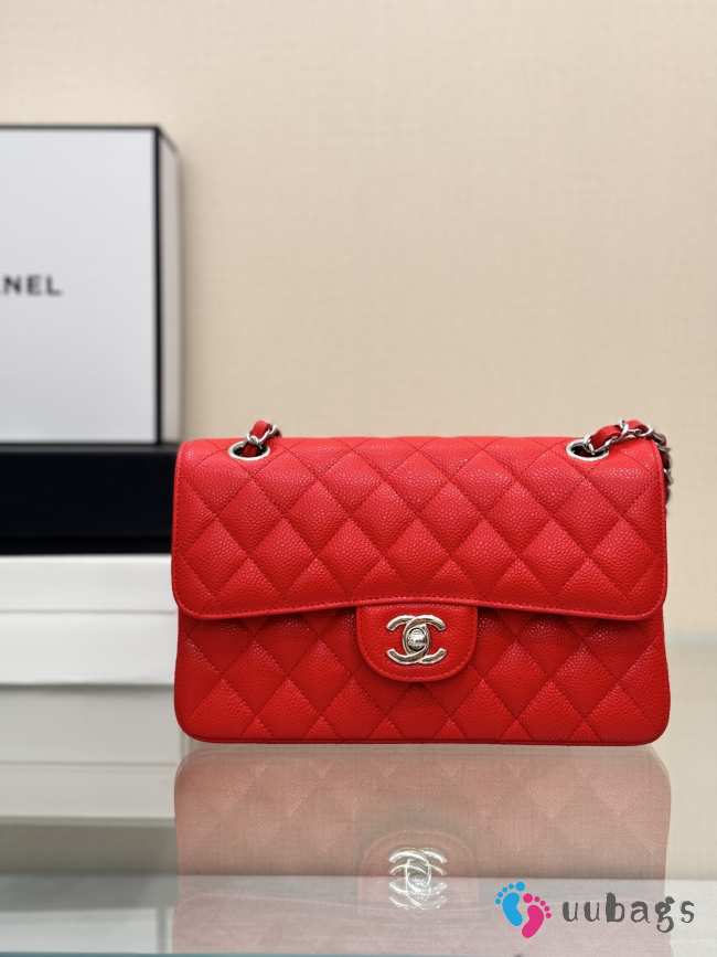 Uubags | Chanel classic red bag caviar leather with silver hardware 23cm - 1