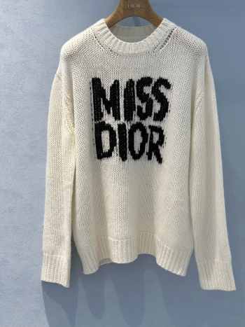 Uubags | Long Sweater Ecru Cashmere and Silk Knit with Black Miss Dior Graffiti Motif