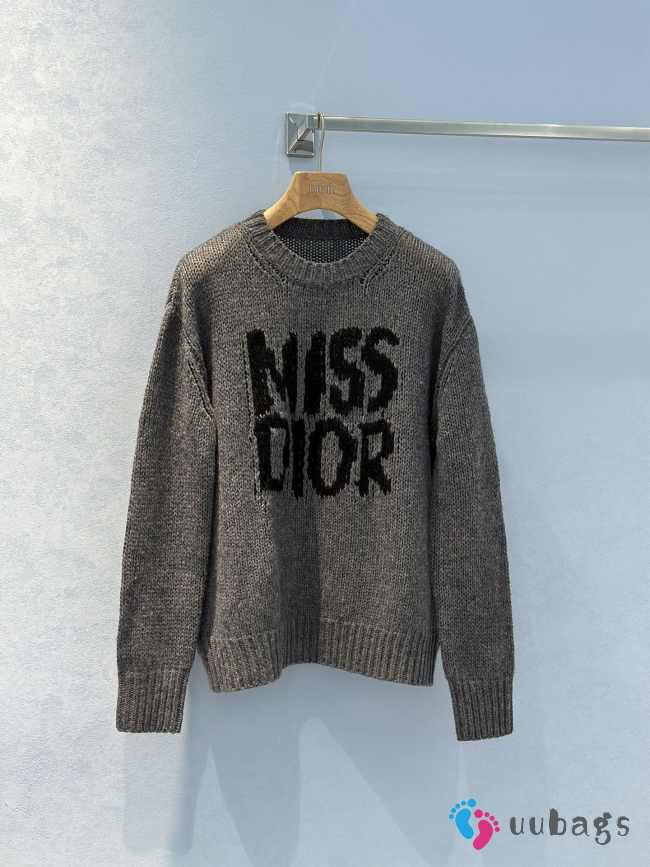 Uubags | Grey Long Sweater Ecru Cashmere and Silk Knit with Black Miss Dior Graffiti Motif - 1