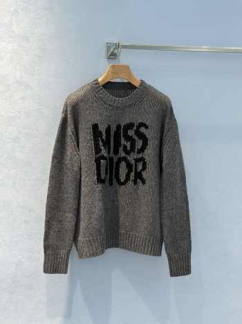 Uubags | Grey Long Sweater Ecru Cashmere and Silk Knit with Black Miss Dior Graffiti Motif