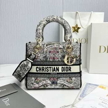 Uubags | Dior Medium Lady D-Lite Bag White Embroidery with Multicolor Dior Around the World Motif  24x21x12cm 