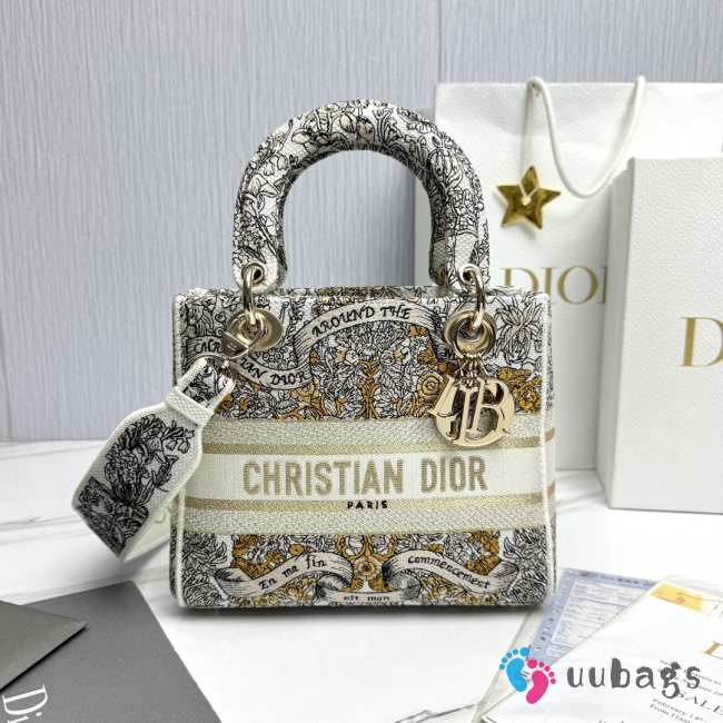 Uubags | Dior Medium Lady D-Lite Bag Beige Embroidery with Multicolor Dior Around the World Motif  24x21x12cm  - 1