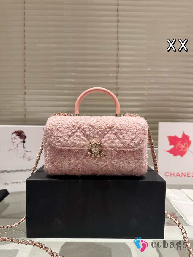 Uubags | Chanel 23K pink tweed handle box bag with gold chain 18x9x10cm - 1