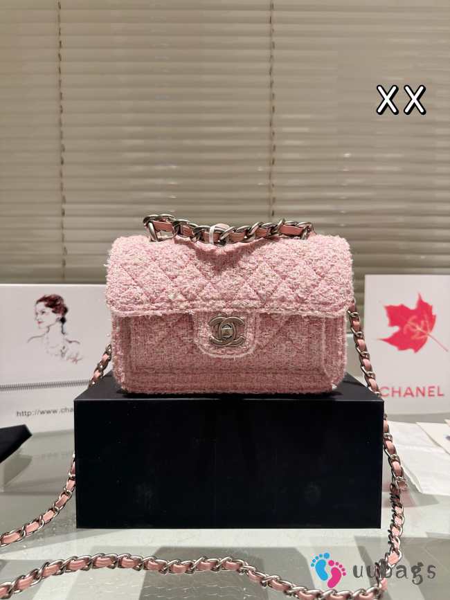 Uubags | Chanel Mini Flap Bag Tweed & Silver-Tone In Pink 20cm - 1