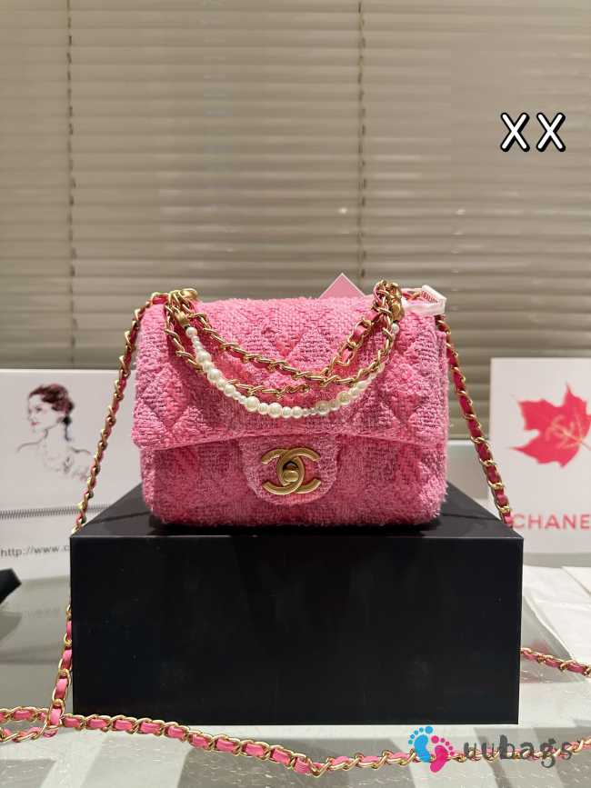 Uubags | Chanel Mini Flap Bag Cotton Tweed Imitation Pearls Pink AS4385 12.5x17x5cm - 1