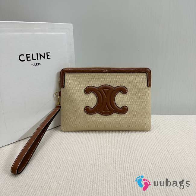 Uubags | Celine small pouch with strap in textile and brown calfskin 25x17.5x1cm - 1