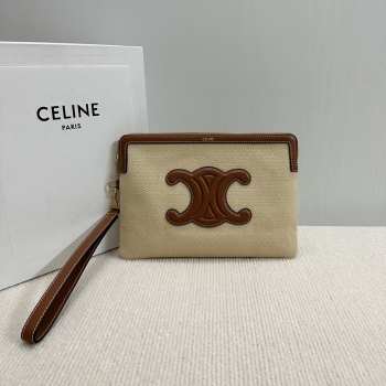 Uubags | Celine small pouch with strap in textile and brown calfskin 25x17.5x1cm