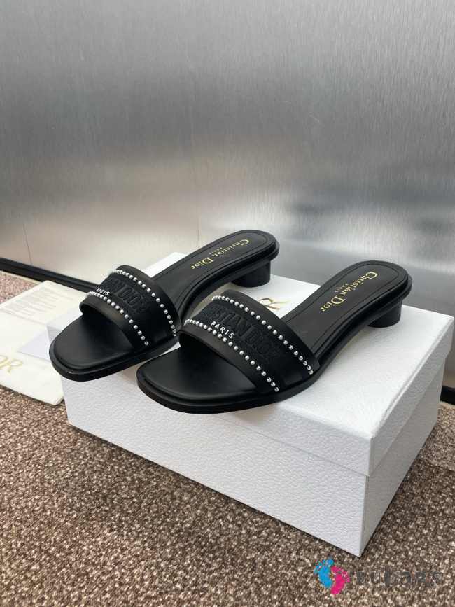 Uubags | Dior Dway Heeled Slide Black Calfskin and Embroidered Cotton with White Resin Pearls - 1