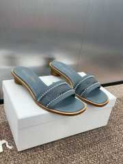 Uubags | Dior Dway Heeled Slide Blue Calfskin and Embroidered Cotton with White Resin Pearls - 3