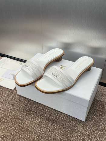 Uubags | Dior Dway Heeled Slide White Calfskin and Embroidered Cotton with White Resin Pearls