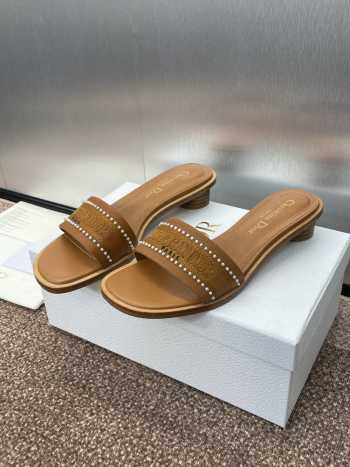 Uubags | Dior Dway Heeled Slide Brown Calfskin and Embroidered Cotton with White Resin Pearls