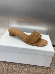 Uubags | Dior Dway Heeled Slide Brown Calfskin and Embroidered Cotton with White Resin Pearls - 6