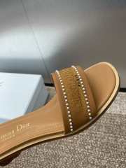 Uubags | Dior Dway Heeled Slide Brown Calfskin and Embroidered Cotton with White Resin Pearls - 3