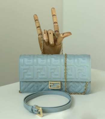 Uubags | Fendi wallet on chain Baguette light blue nappa leather wallet with FF motif 21x5x11.5cm