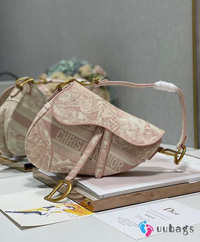 Uubags | Dior saddle bag in pink toile de jouy embroidery 25cm - 1