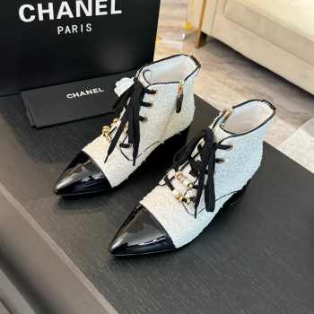 Uubags | Chanel pointed toe tweed high heel ankle boots in white