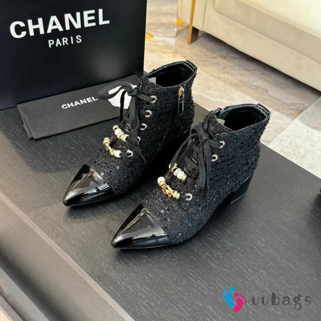 Uubags | Chanel pointed toe tweed high heel ankle boots in black - 1