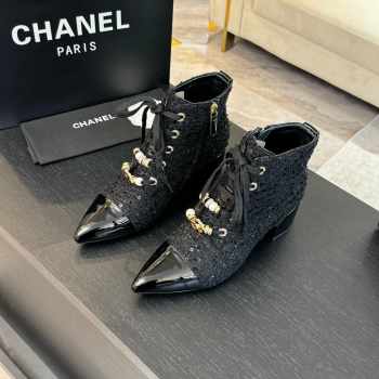 Uubags | Chanel pointed toe tweed high heel ankle boots in black