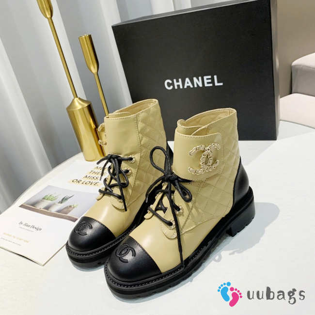 Uubags Chanel 20A Black Beige CC Chain Combat Ankle Short Boot - 1