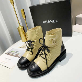 Uubags Chanel 20A Black Beige CC Chain Combat Ankle Short Boot