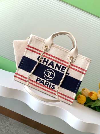 Uubags Chanel Shopping Bag Cotton Canvas & Gold Metallic Cream, Blue & Red 34cm