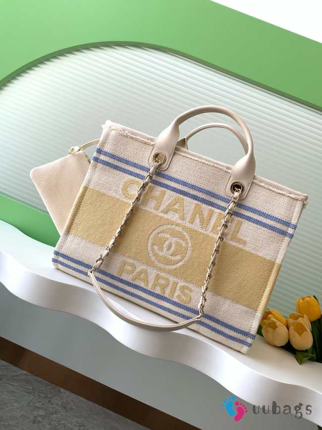 Uubags Chanel Shopping Bag Cotton Canvas & Gold Metallic Cream, Blue & Yellow 38cm - 1