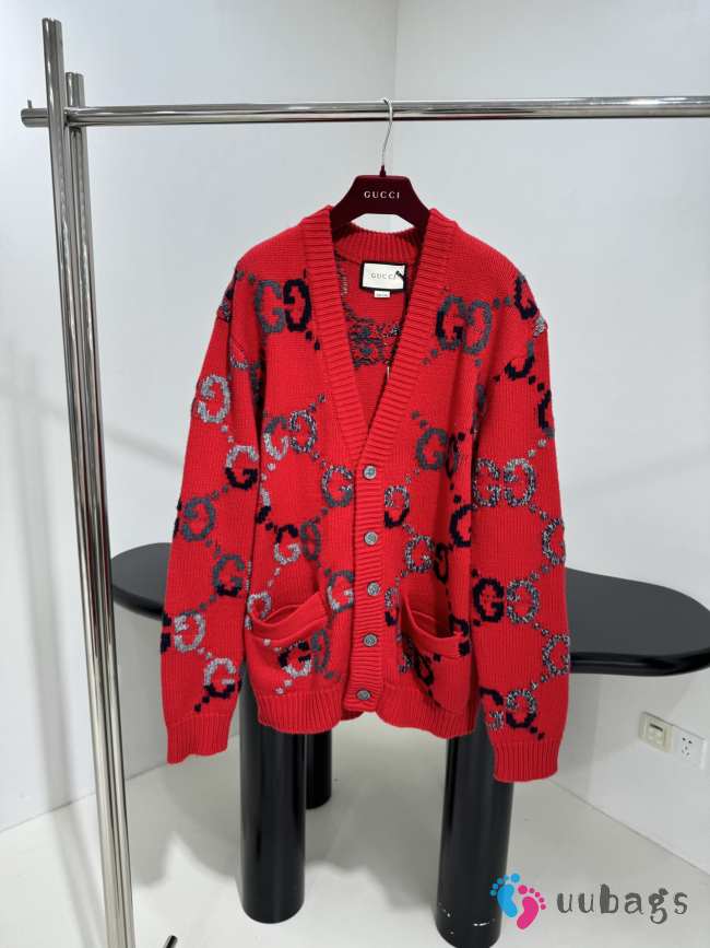 Uubags Gucci red wool cardigan with GG intarsia - 1